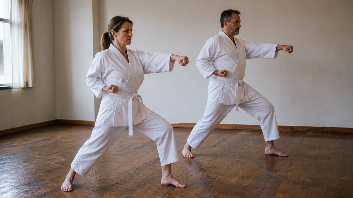 Dos practicantes adultos de Karate entrenando técnicas básicas en el dojo